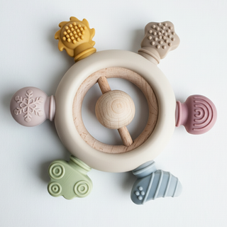Rainbow Spokes Silicone Teether with Wooden Rattle Baby Gift