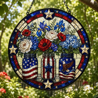 250th Anniversary Flowers Suncatcher, Red White Blue Decor: 7.8in