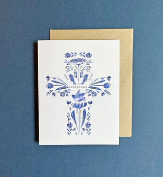 Blessings Blue Floral Cross Religious Card: Single