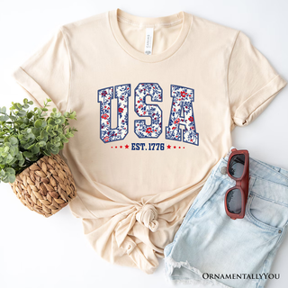 USA Floral T-Shirt S, 1776 Independence Day Tee: White