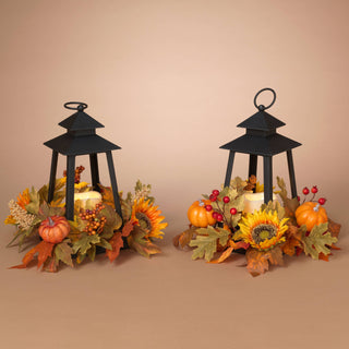 Thanksgiving 13.5"H B/O Lighted Harvest Lantern w/ LED Candle, Floral & Timer, 2 Asst