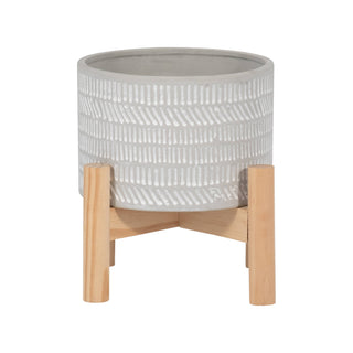 Planter & Wood Stand Ceramic Tribal Geometric - Ivory, 6 in.