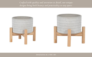 Planter & Wood Stand Ceramic Tribal Geometric - Ivory, 6 in.