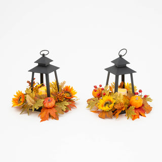 Thanksgiving 13.5"H B/O Lighted Harvest Lantern w/ LED Candle, Floral & Timer, 2 Asst