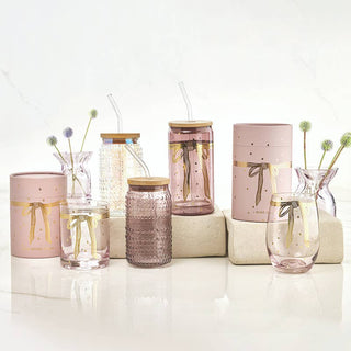 Gold Foil Stemless Wine Glass - Lilac Bow: 17oz, 4.5" H