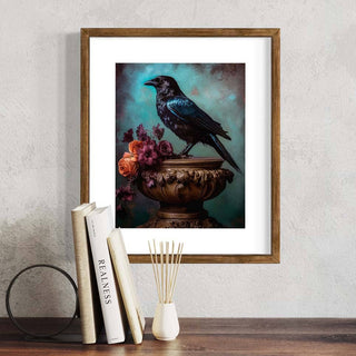 Black Raven and Moody Flowers Wall Art RA48 black wooden frame