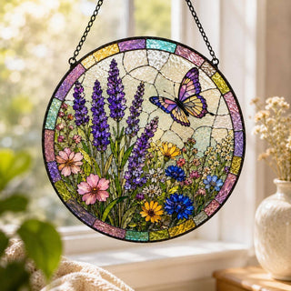 Butterfly Wildflower Stained Glass Suncatcher, Spring Garden: 6inch