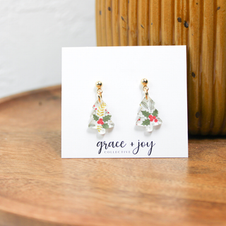 Mini Christmas Tree Dangle Earrings, Holly Berry earrings