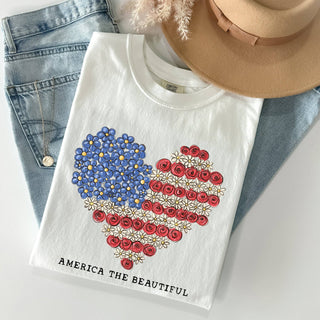 America The Beautiful, Flowers, Heart Flag, Patriotic Tshirt: White / 2XL