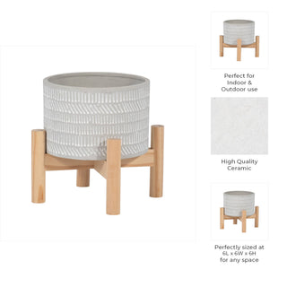 Planter & Wood Stand Ceramic Tribal Geometric - Ivory, 6 in.