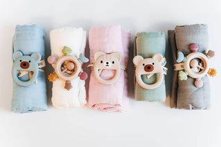 Rainbow Spokes Silicone Teether with Wooden Rattle Baby Gift
