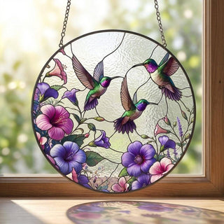 Hummingbird Stained Glass Suncatcher, Floral Window Hanging: 6inch