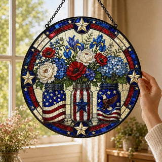 250th Anniversary Flowers Suncatcher, Red White Blue Decor: 7.8in