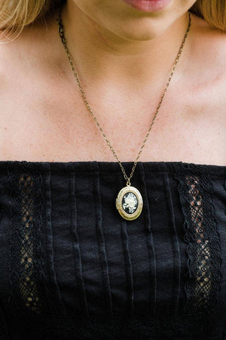 Cameo Locket Necklace - Ivory and Black Flower: 18 Inches