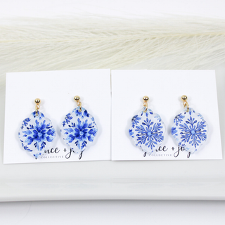 Blue Snowflake Scalloped Dangle Earrings, Christmas Winter: More white