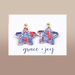 Blue & Red Floral Star Dangle Earrings 4th of July Denim