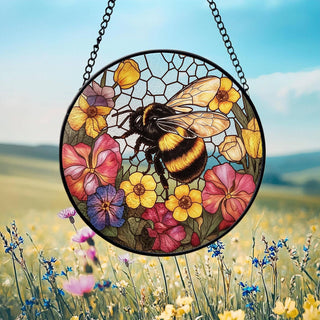 Bee Wildflower Suncatcher, Bee Stained Glass Ornament: 4in