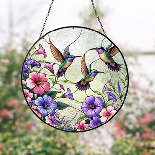 Hummingbird Stained Glass Suncatcher, Floral Window Hanging: 6inch