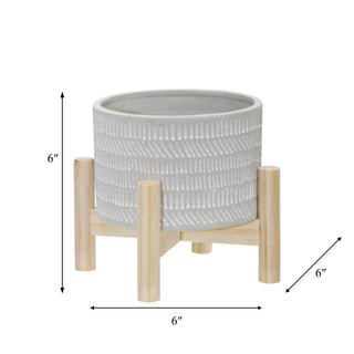 Planter & Wood Stand Ceramic Tribal Geometric - Ivory, 6 in.