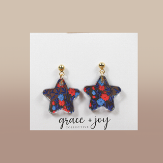 Blue & Red Floral Star Dangle Earrings 4th of July Denim