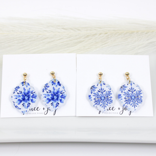 Blue Snowflake Scalloped Dangle Earrings, Christmas Winter: More white