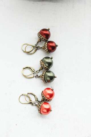 Pearl Acorn Charm Necklace -ANTIQUED BRASS
