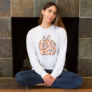 Women's Leopard Pumpkin Long Sleeve Crew Neck T-Shirt   Heathered White/Gray/Orange   -Asst.: XSmall