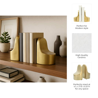 Bookends Set of 2 - Gold Ceramic Contemporary, 6 in.