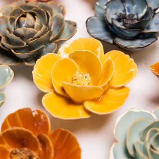 Yellow Poppy Ceramic Flower Wall Hangings - Handmade Boxed