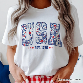 USA Floral T-Shirt XL, 1776 Independence Day Tee: White