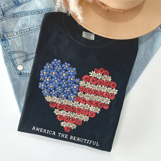 America The Beautiful, Flowers, Heart Flag, Patriotic Tshirt: White / Medium