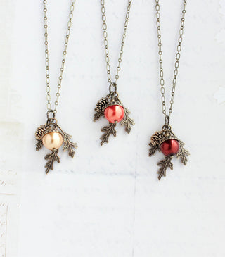 Pearl Acorn Charm Necklace -ANTIQUED BRASS