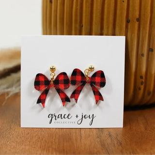 Red and Black Buffalo Plaid Bow Dangle Earrings, Acrylic
