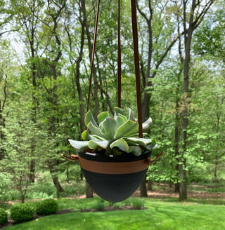 Small Hanging Planter with Leather Hanger: Black/Terracotta