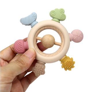 Rainbow Spokes Silicone Teether with Wooden Rattle Baby Gift
