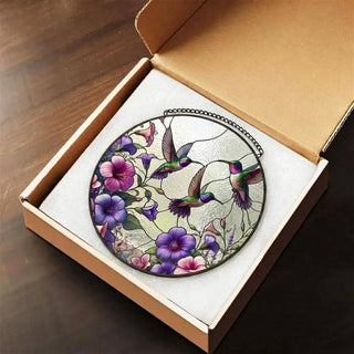 Hummingbird Stained Glass Suncatcher, Floral Window Hanging: 6inch