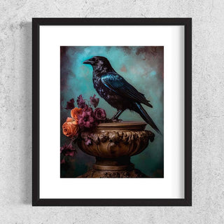 Black Raven and Moody Flowers Wall Art RA48 black wooden frame