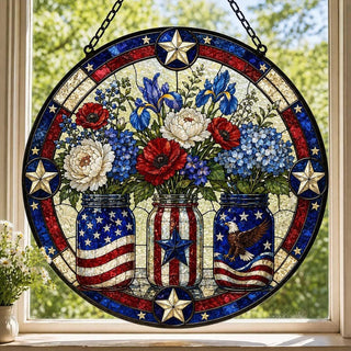 250th Anniversary Flowers Suncatcher, Red White Blue Decor: 7.8in
