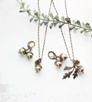 Pearl Acorn Charm Necklace -ANTIQUED BRASS
