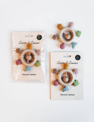 Rainbow Spokes Silicone Teether with Wooden Rattle Baby Gift
