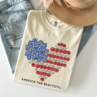 America The Beautiful, Flowers, Heart Flag, Patriotic Tshirt: White / Small