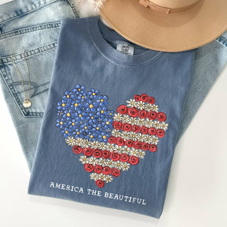 America The Beautiful, Flowers, Heart Flag, Patriotic Tshirt: White / Medium