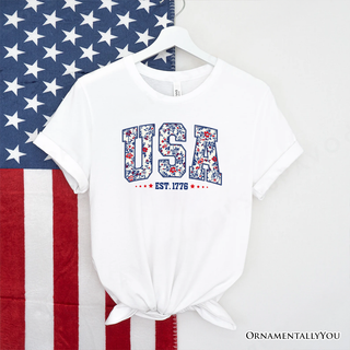USA Floral T-Shirt S, 1776 Independence Day Tee: White