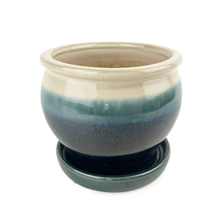 6" Dark Blue Ceramic Pot with Cream Rim & Attached Saucer