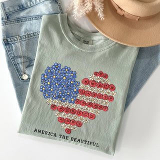 America The Beautiful, Flowers, Heart Flag, Patriotic Tshirt: White / Small