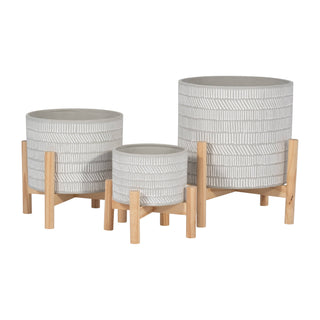 Planter & Wood Stand Ceramic Tribal Geometric - Ivory, 6 in.
