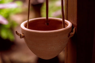 Small Hanging Planter with Leather Hanger: Black/Terracotta