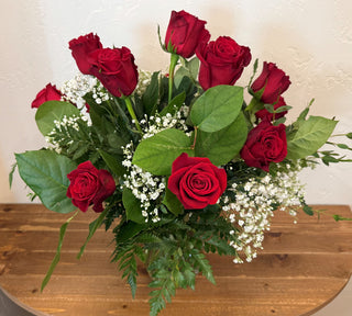 Dozen Red Roses with Greens and Baby's Breath