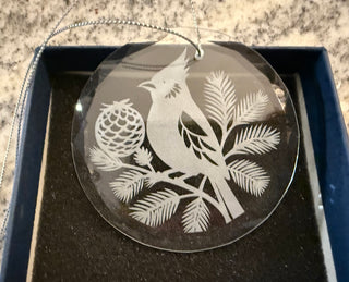 Glass laser cut cardinal ornament