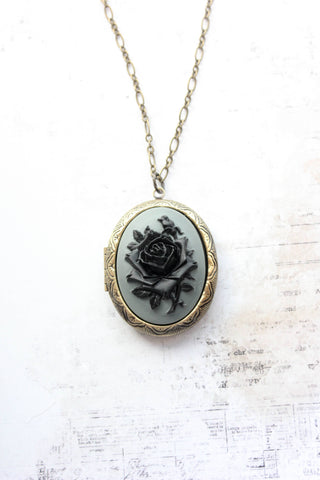 Black Rose Necklace | Locket Necklace | Cameo Necklace: 20 Inches